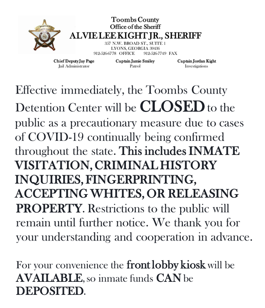 COVID19 Local Response Toombs County Sheriff